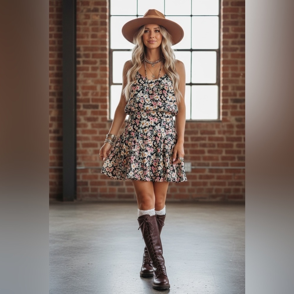 En Creme Boho Floral Print Billowy Top Structured Waist Mini Dress